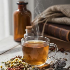 May include: A clear glass mug filled with amber-colored tea emitting steam, surrounded by loose chamomile flowers, star anise, and dried lavender. A small wooden spoon holds dried herbs, and a tiny glass vial contains lavender buds.
