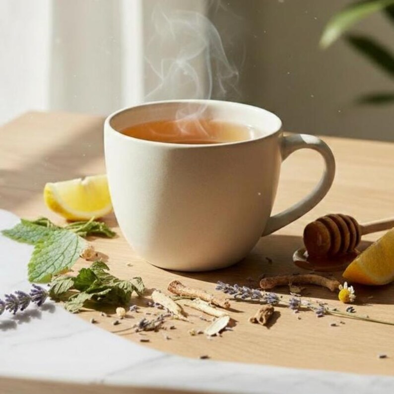May include: A steaming cup of tea in a cream-colored mug, with a lemon wedge, honey, and herbs arranged on a wooden surface. Steam rises from the tea, suggesting warmth and freshness. The scene evokes a sense of relaxation and wellness.
