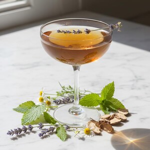 May include: A cocktail in a stemmed glass, garnished with lavender. The drink has a golden hue and is surrounded by fresh herbs, including mint and chamomile, and pieces of ginger. The glass sits on a white marble surface.