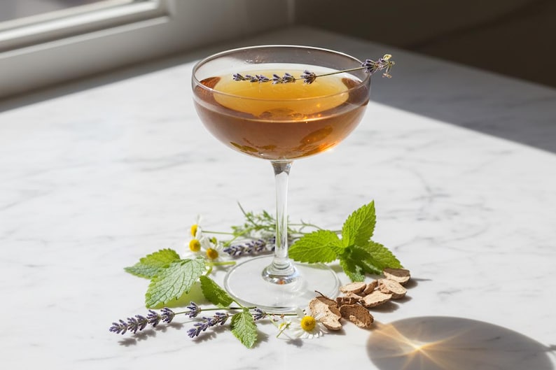 May include: A cocktail in a stemmed glass, garnished with lavender. The drink has a golden hue and is surrounded by fresh herbs, including mint and chamomile, and pieces of ginger. The glass sits on a white marble surface.