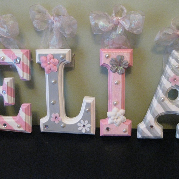 Custom - 'ELIANA' 6" Grey and Pink Nursery Theme Letters - 13.25 PER LETTER For Child's Name- Beveled Wooden Hanging Wall Letters