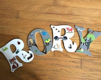 Custom Storybook Woodland Wooden Name Letters – Nursery Decor, Hand Painted Forest Animals, Baby Room Wall Art, Unique Children's Name Sign