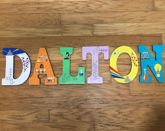 Custom Hand-Painted Science Theme Wooden Name Letters for Nursery | STEM Wall Decor