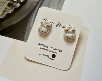 Ceramic porcelain white gold owl earrings