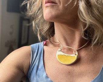 Statement yellow ceramic necklace with gold accents