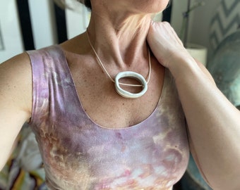 Circle moon statement ceramic necklace white glaze