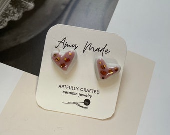 Ceramic porcelain pink hearts with  gold luster glaze earrings