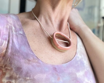 Circle moon statement ceramic necklace with blush glaze