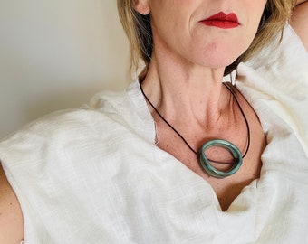 Circle moon statement ceramic necklace with green turquoise glaze