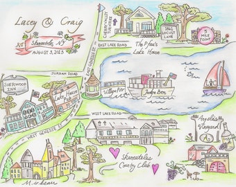 Medium Hand Drawn Wedding Map: Watercolors