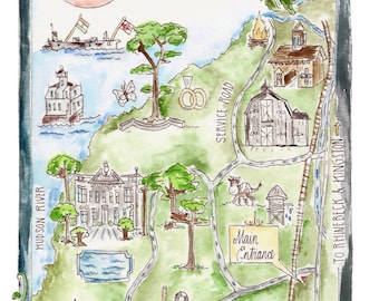 Puede incluir: Una ilustración de acuarela de un mapa de lugar de boda con el texto "Tanya & Richard Locusts on Hudson August 13, 2016". El mapa muestra la ubicación de la ceremonia, la recepción y otros puntos de interés.