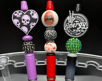 Sparkly, Skull, True Crime, Energy silicone beaded pens. Unique gifts ,sassy, bold,refillable beaded pen.