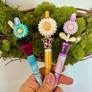 Springtime floral gifts. These bright and colorful marbled pens are reusable and refillable. Opal Potted flowers, beaded pen. image 1