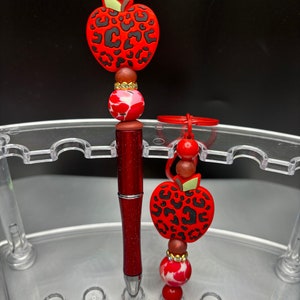 Educator, Teacher gift set. Leopard apple silicone beaded pen and keychain on metal bar. Double sealed for durability. Red Set