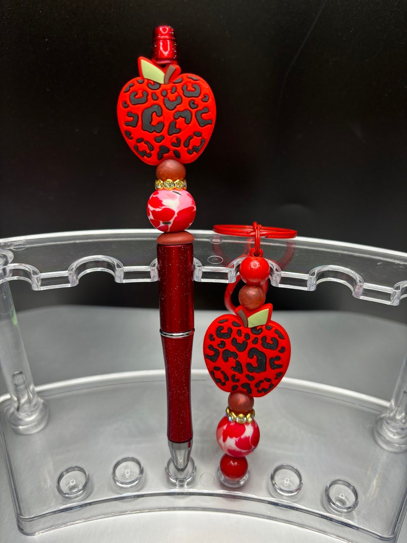 Educator, Teacher gift set. Leopard apple silicone beaded pen and keychain on metal bar. Double sealed for durability. Red Set