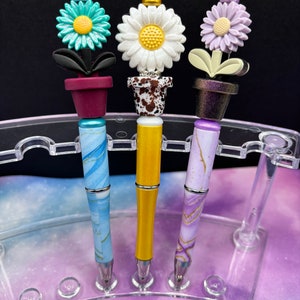 Springtime floral gifts. These bright and colorful marbled pens are reusable and refillable. Opal Potted flowers, beaded pen. image 2