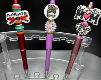 Mom Gift,Karate, Gymnastics, sparkly, purple flower, leopard heart and serape colored refillable black ink silicone beaded pens.