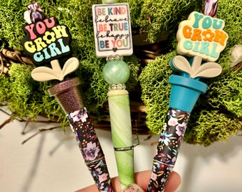 Spring, Floral, marble pens. Positivity and  motivational phrase pens. You Grow Girl, Be Kind, Be True, Be You. Refillable with black ink.