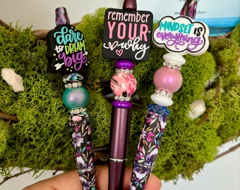 Uplifting,Positive message,silicone beaded pens with flair!Dream big, remember your why, mindset is everything,floral refillable pen.