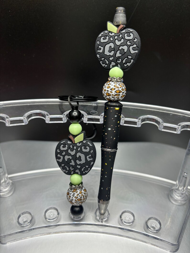 Educator, Teacher gift set. Leopard apple silicone beaded pen and keychain on metal bar. Double sealed for durability. Black Set