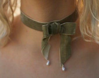 Sage Velvet Bow Choker