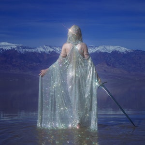 May include: A woman in a sparkling silver gown and cape stands in a body of water, holding a sword. She is facing away from the camera and looking out at a snowy mountain range in the distance.