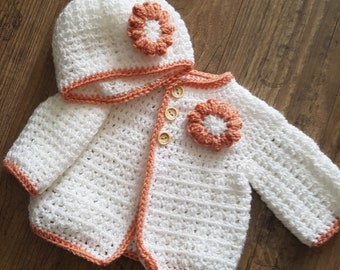 Handmade baby cardigan and hat set