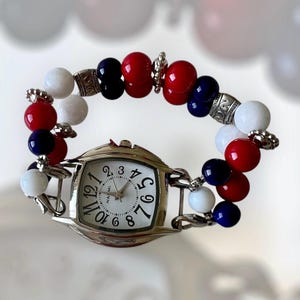 Patriotic Watch, Womens 4th of July Watch, Womens Watch, Beaded Watch, Womens Gift