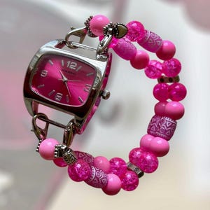 Aztec Beaded Watch: Pink Jewelry Watch for Women