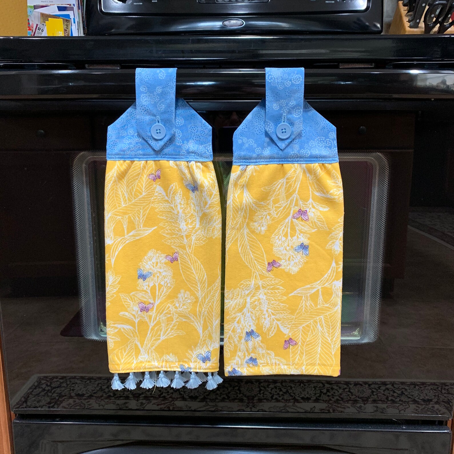 blue and yellow hand towels