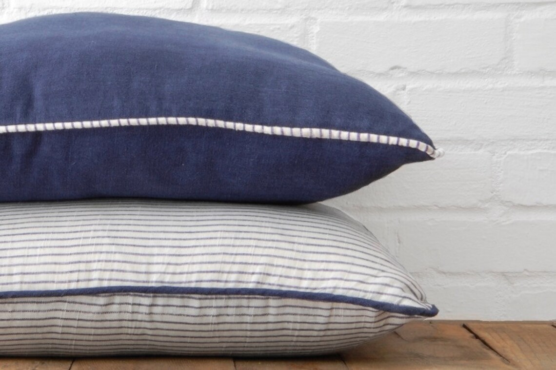 Navy Linen Stripe Throw Pillow Set of Two Etsy