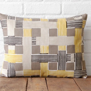 Grey, Yellow, Black Modern Print Lumbar Pillow