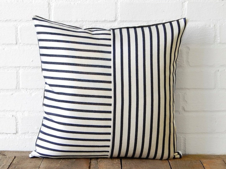 Navy Striped Pillow with Denim Back image 1