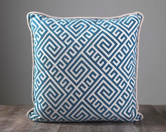 Teal geometrische en neutrale linnen kussen