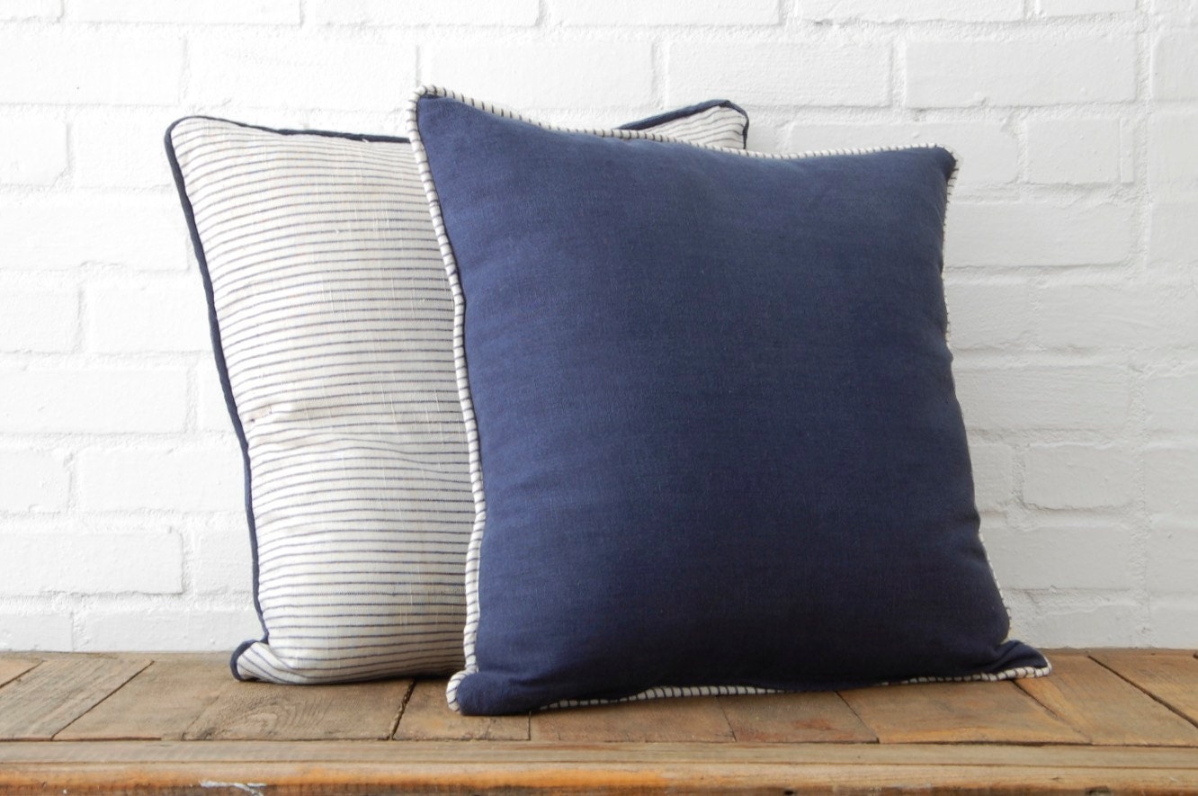 Navy Linen Stripe Throw Pillow Set of Two Etsy