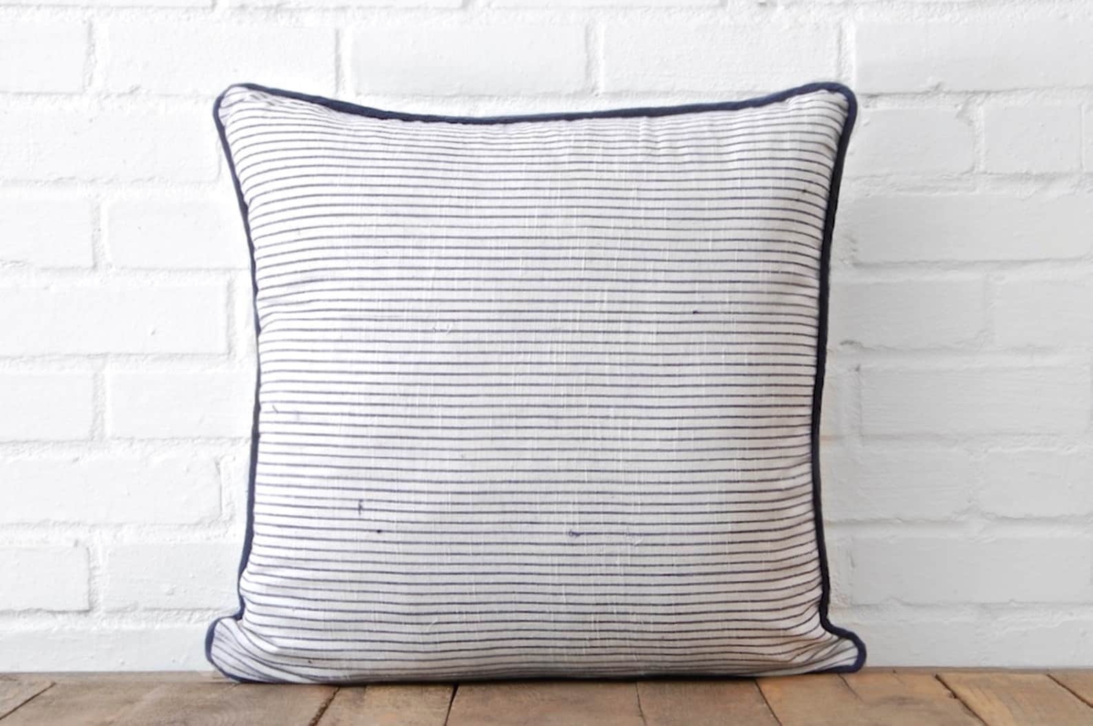 Navy Linen Stripe Throw Pillow Set of Two Etsy