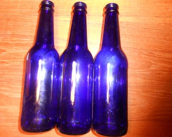 3 Blue/Green/Clear Beer Bottles Cobalt Blue Glass, Green Glass, Clear Glass, Glass Bottles Upcycle
