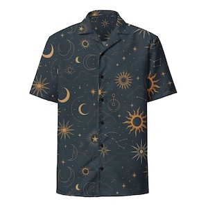 Celestial Moon and Stars Button Shirt - Moon Phase shirt - Boho Outfit - Boho Mystical Moon And Sun - Spiritual Clothing