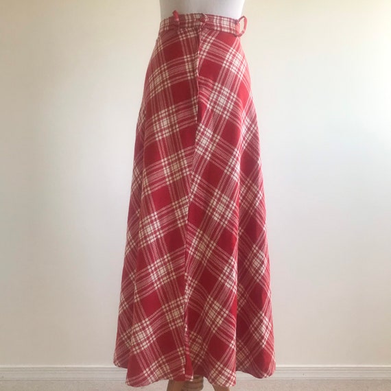 Vintage Plaid Wool Maxi Skirt, 1970s Red & White … - image 7