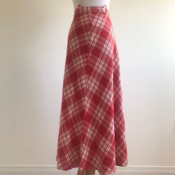 Vintage Plaid Wool Maxi Skirt, 1970s Red & White … - image 4