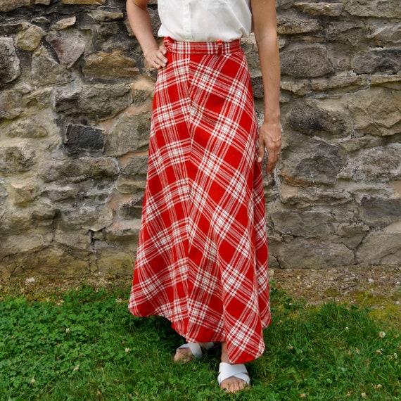 Vintage Plaid Wool Maxi Skirt, 1970s Red & White … - image 2