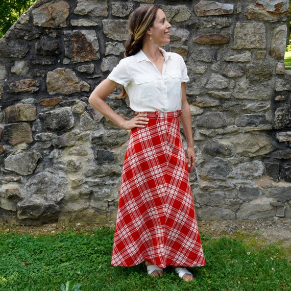 Vintage Plaid Wool Maxi Skirt, 1970s Red & White … - image 1