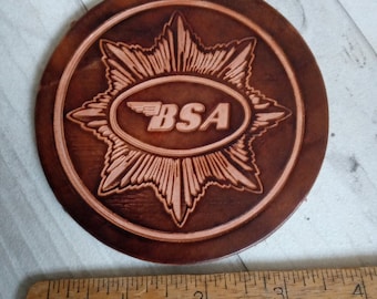 Brown  leather coaster with BSA logo design handmade in uk 4 inch