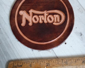 Brown  leather coaster with Norton logo design handmade in uk 4 inch