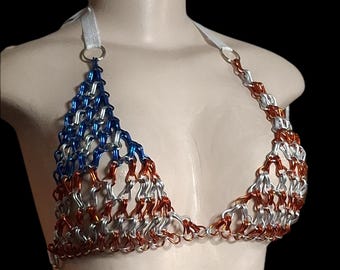 Patriotic Chainmail Bikini Top – Red White Blue Aluminum, Rave Outfit