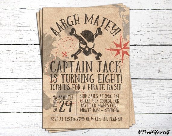 Pirate Invitation // Personalized Printable Old Paper Pirate Bash Birthday Invitation // Pirate Invite // Pirate Party // Pirate Bash Il_570xn