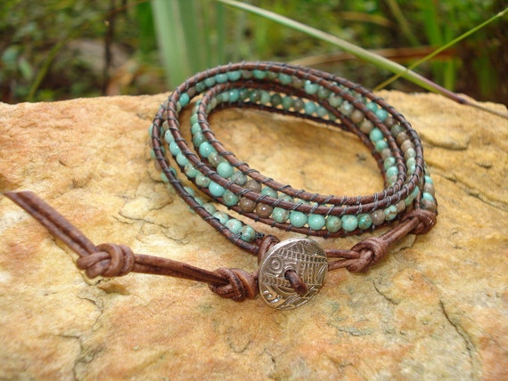 Items similar to Wrap bracelet with turquoise beads and fine silver ...