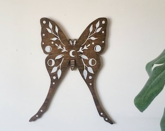 Luna moth wood wall art, celestial decor wall hanging, crescent moon, mindfulness gift, butterfly wall art, nature lover gift, floral art