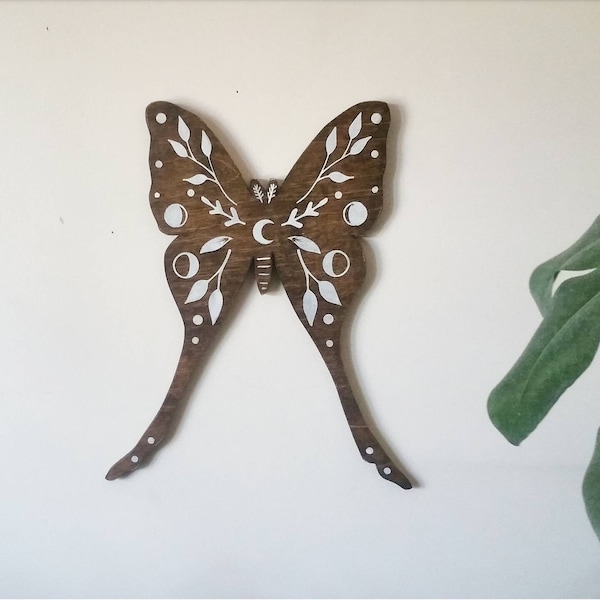 Luna moth wood wall art, celestial decor wall hanging, crescent moon, mindfulness gift, butterfly wall art, nature lover gift, floral art