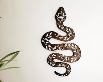 Serpent, wood snake art, flower snake , snake print, naturalist home decor, boho zen decor, earthy wall art, nature lover gift, lotus flower